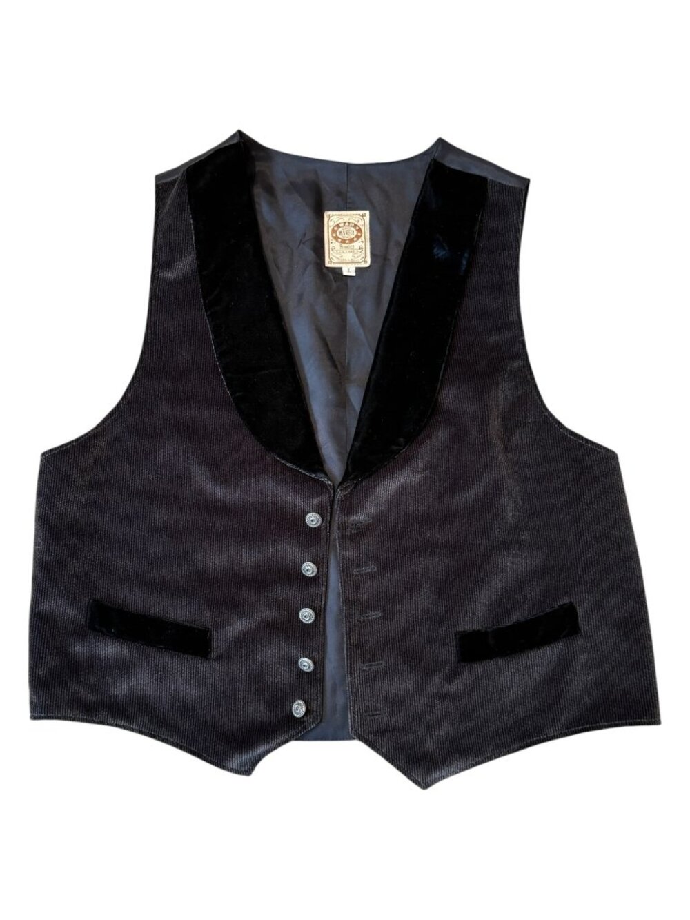 Wah Maker Frontier Vest Mens Size L Black Corduroy Velvet Lapel Western Old West